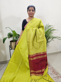 Premium Semi Raw Silk Saree - Lime Yellow with Red