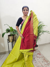 Premium Semi Raw Silk Saree - Lime Yellow with Red