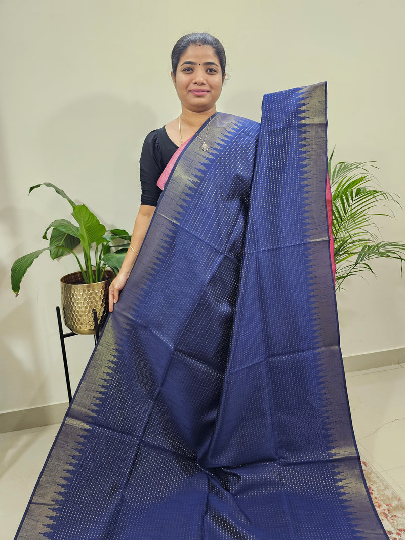 Premium Semi Raw Silk Saree -Dark Blue with Pink