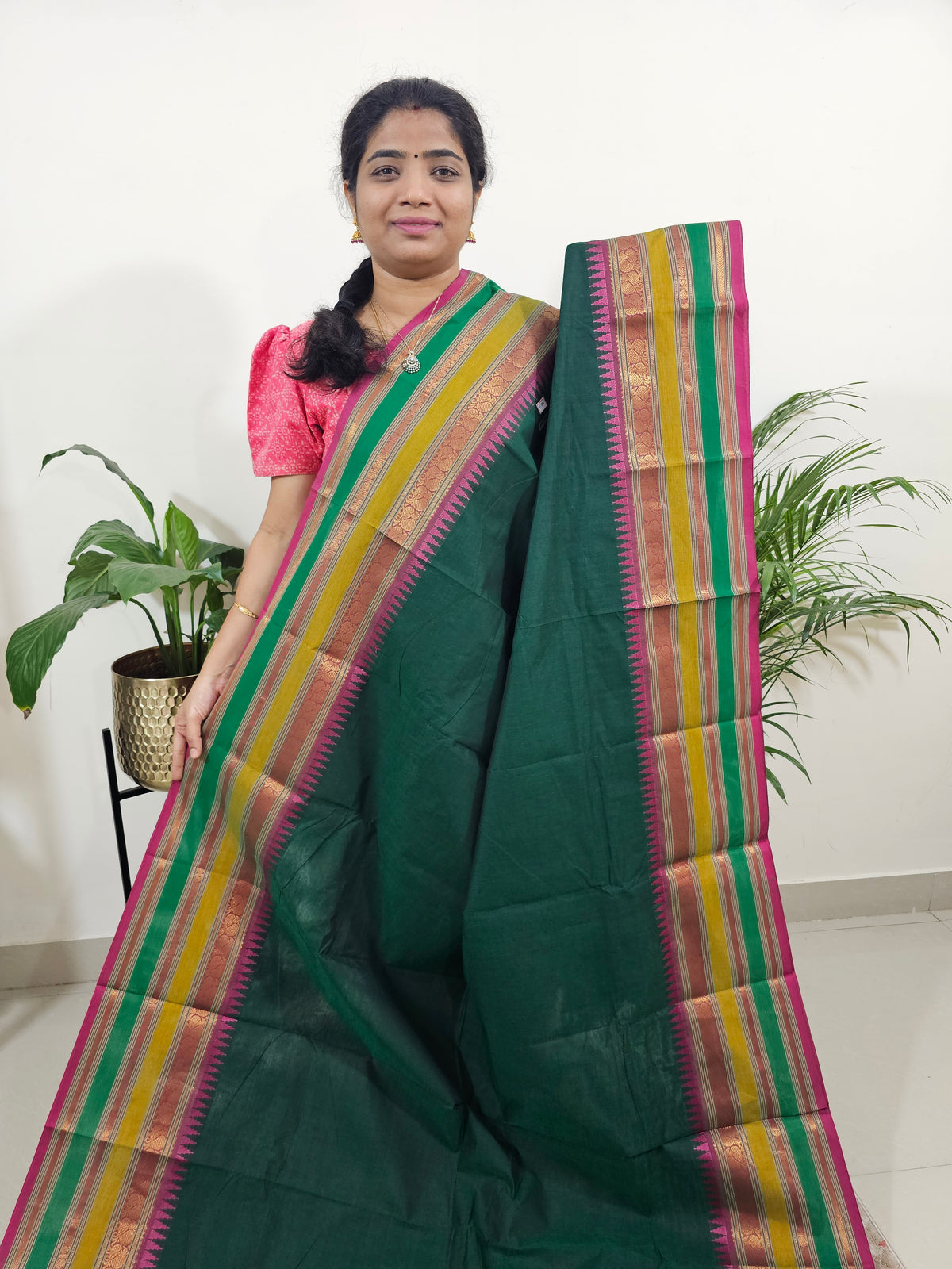 Kanchi Cotton Saree - Dark Green