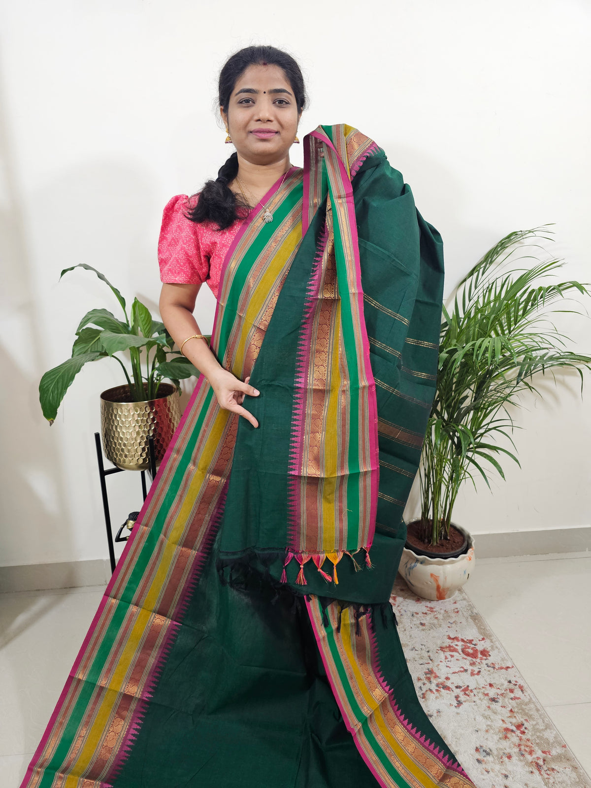 Kanchi Cotton Saree - Dark Green