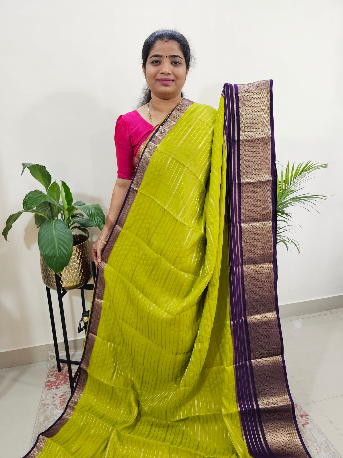 Semi Tussar Georgette with Zari Woven Saree Border - Green with Purple