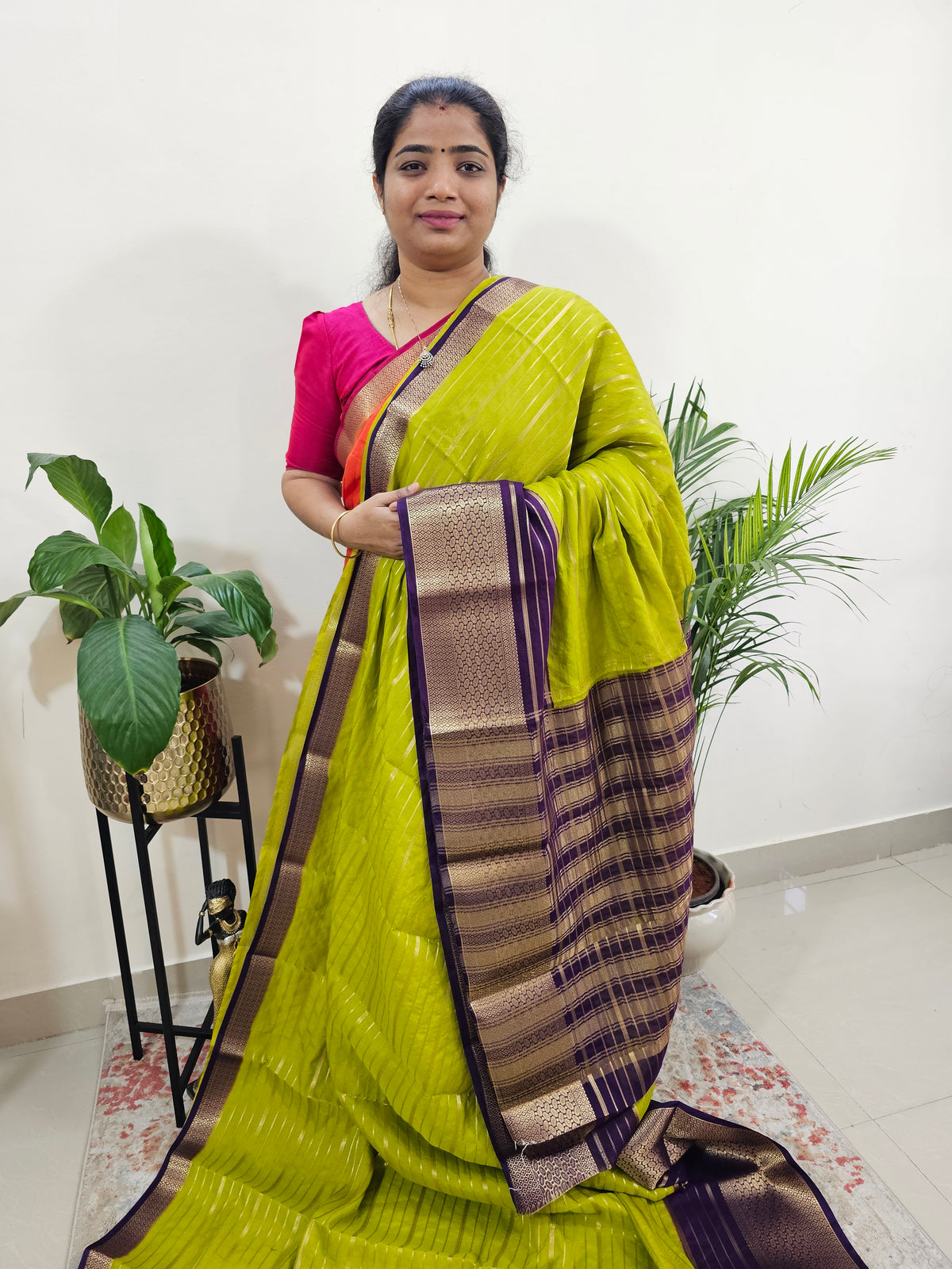 Semi Tussar Georgette with Zari Woven Saree Border - Green with Purple