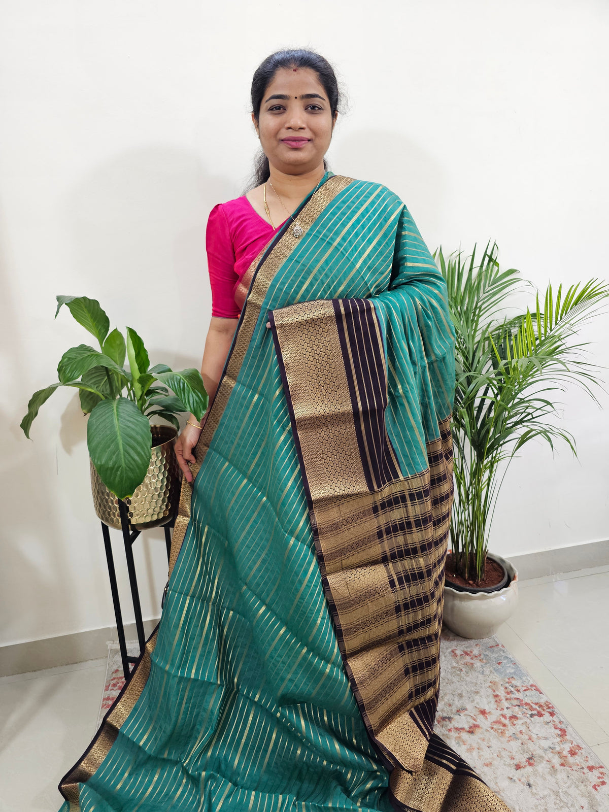 Semi Tussar Georgette with Zari Woven Saree Border - Sea Green with Maroon