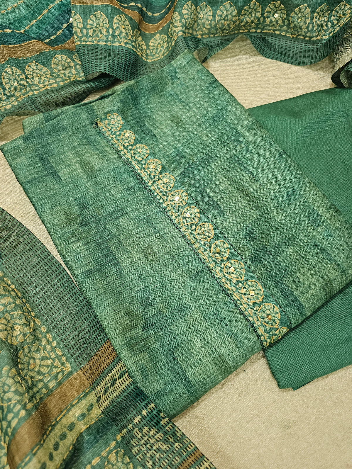 Chanderi with Kantha Unstitched Salwar Suit  - Sea Green