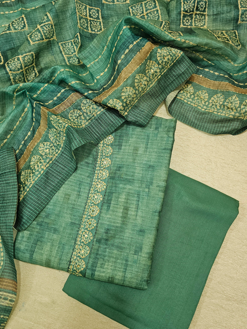 Chanderi with Kantha Unstitched Salwar Suit  - Sea Green