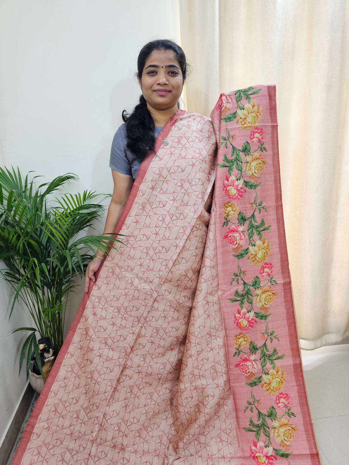 Semi Tussar with Striped Zari Weaving Saree - Onion Pink