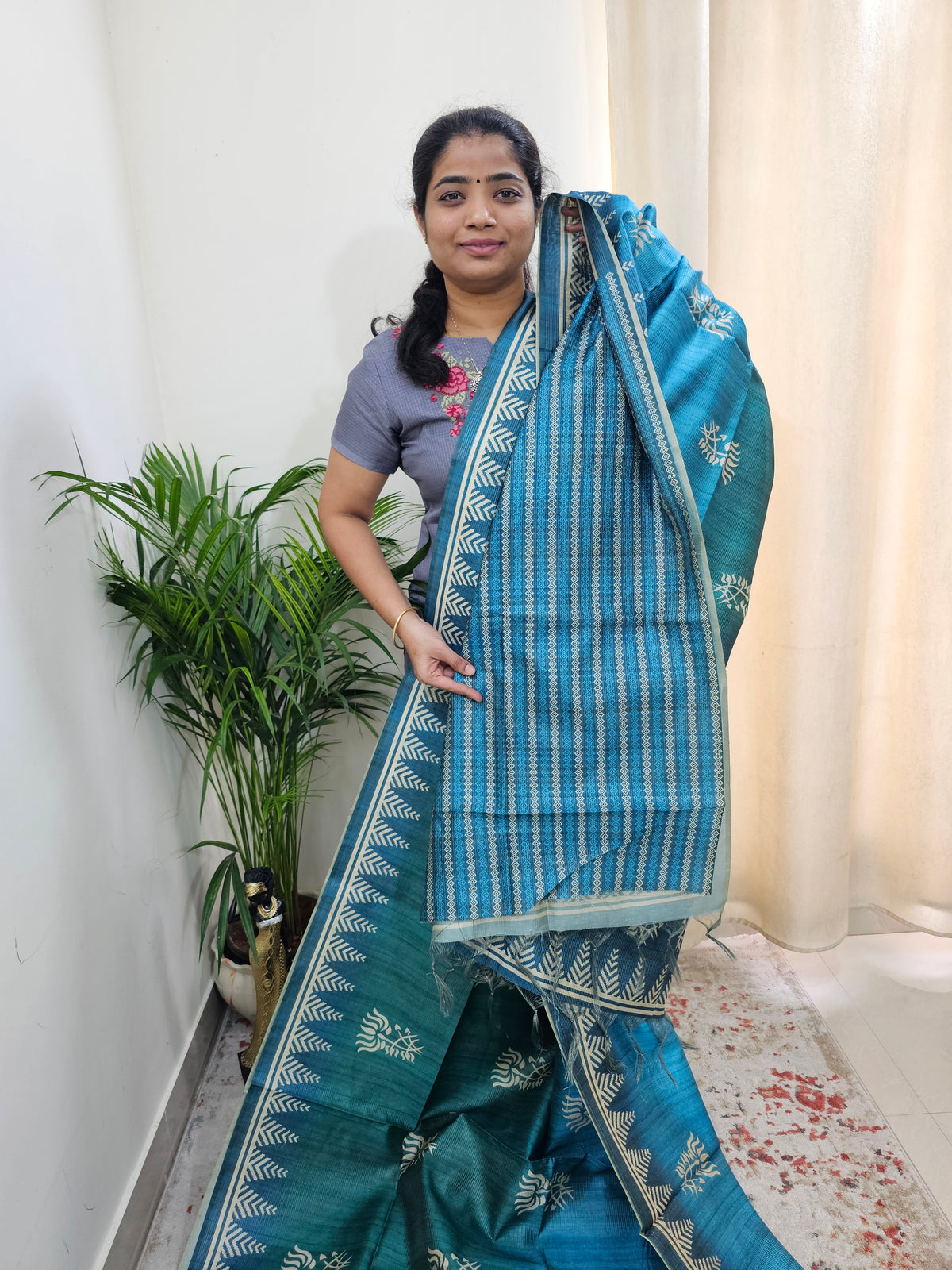 Semi Tussar with Striped Zari Weaving Saree - Dual Shade Blue