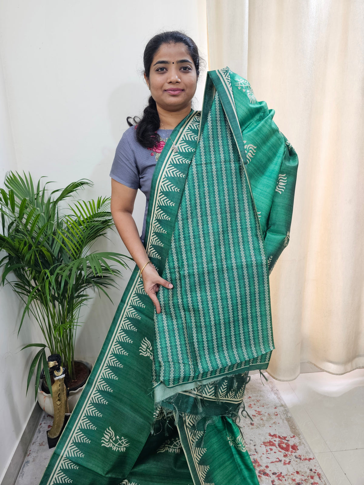 Semi Tussar with Striped Zari Weaving Saree - Dual Shade Green