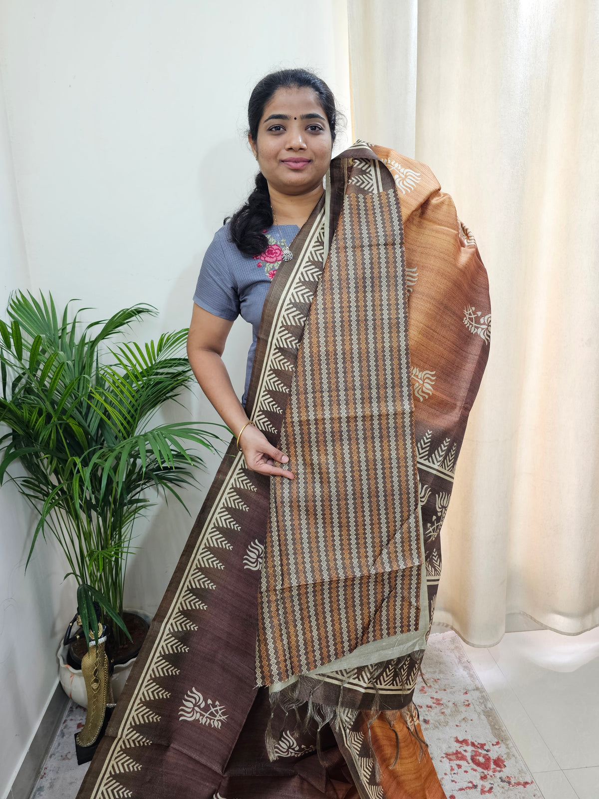 Semi Tussar with Striped Zari Weaving Saree -Dual Shade Brown