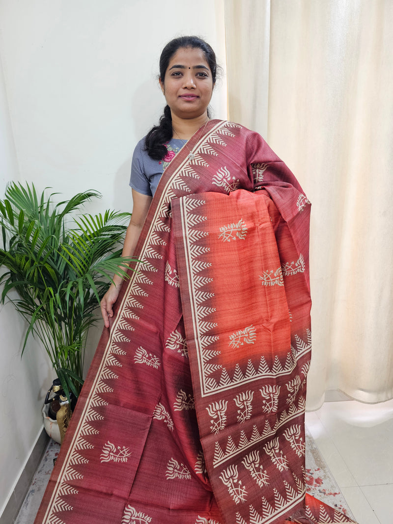 Semi Tussar with Striped Zari Weaving Saree -Dual Shade  Maroon cum Orange