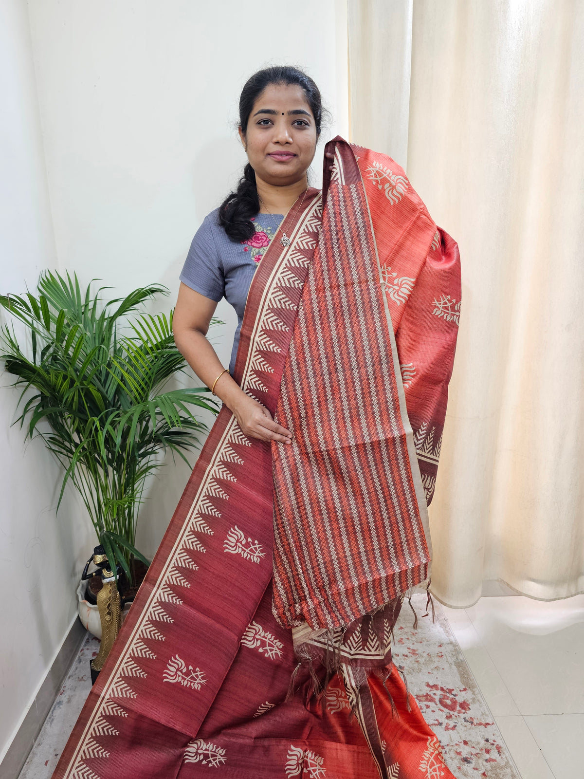 Semi Tussar with Striped Zari Weaving Saree -Dual Shade  Maroon cum Orange