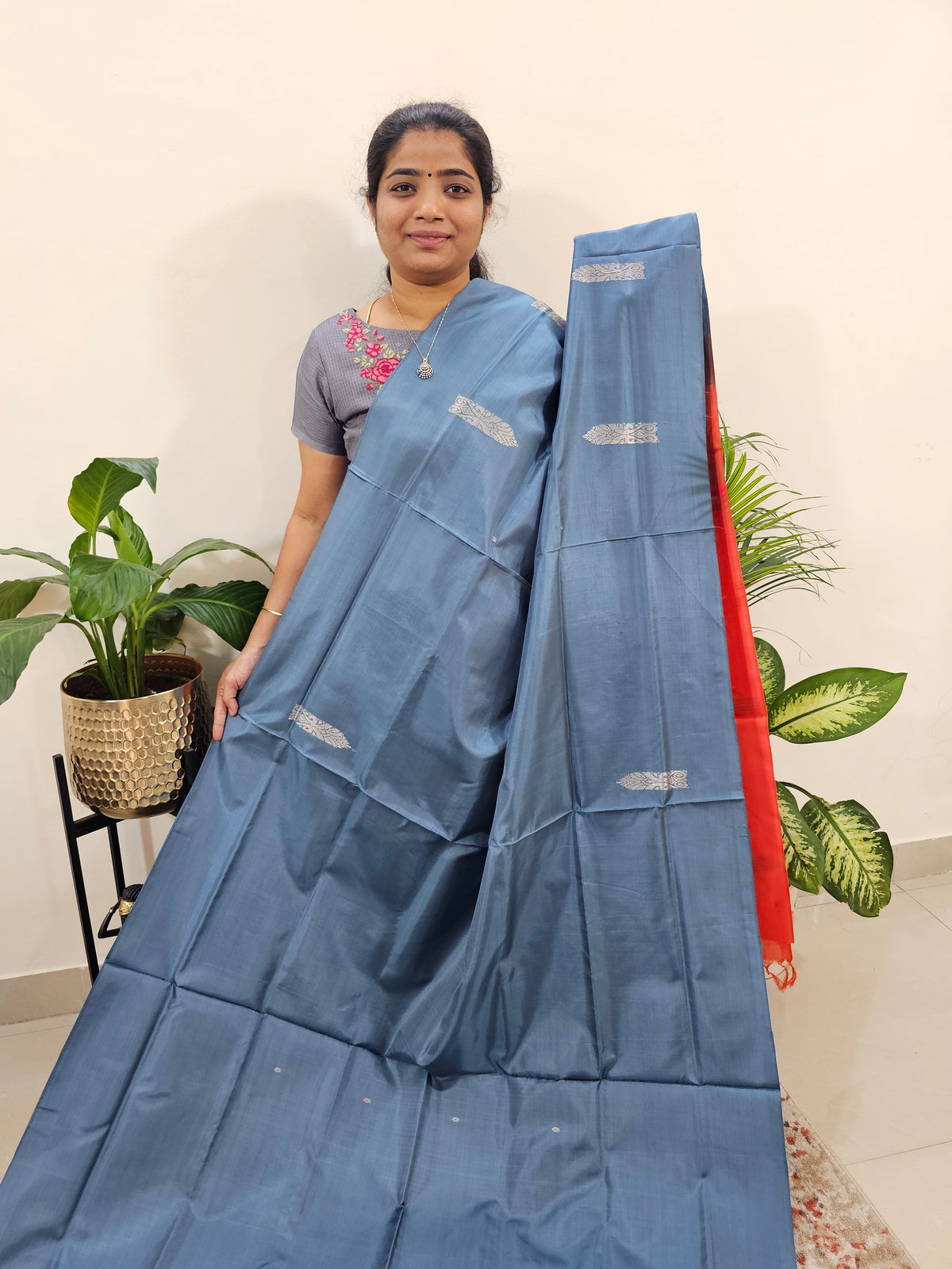 Grey with Dark Peach Chinnalampattu Saree with Blouse