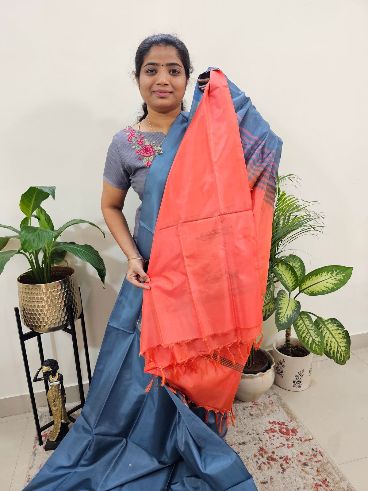 Grey with Dark Peach Chinnalampattu Saree with Blouse