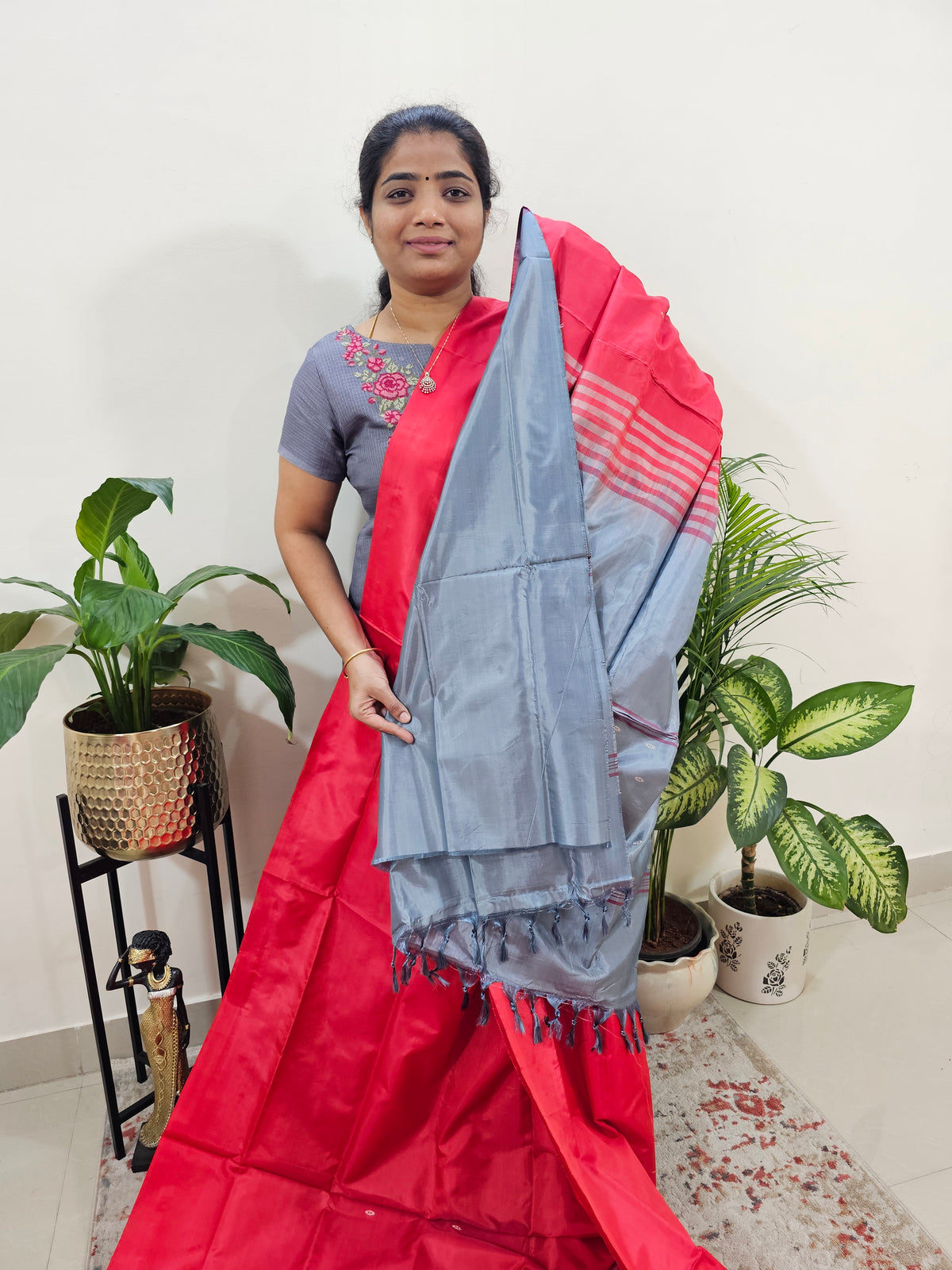 Red with Grey Chinnalampattu Saree with Blouse