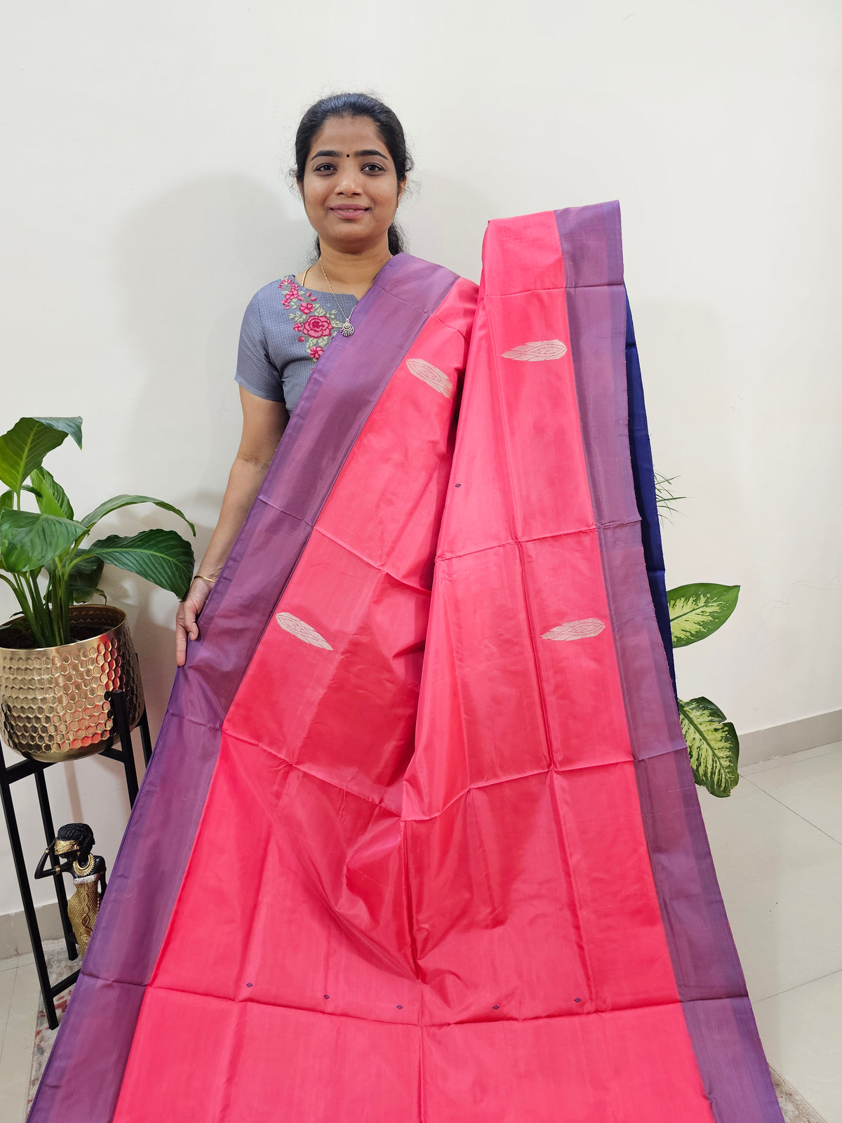 Peachish Pink with Blue Chinnalampattu Saree with Blouse