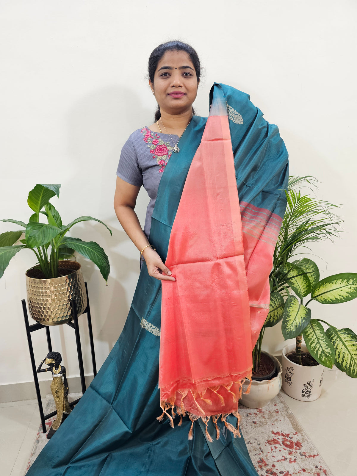 Bottle Green with Peach Chinnalampattu Saree with Blouse