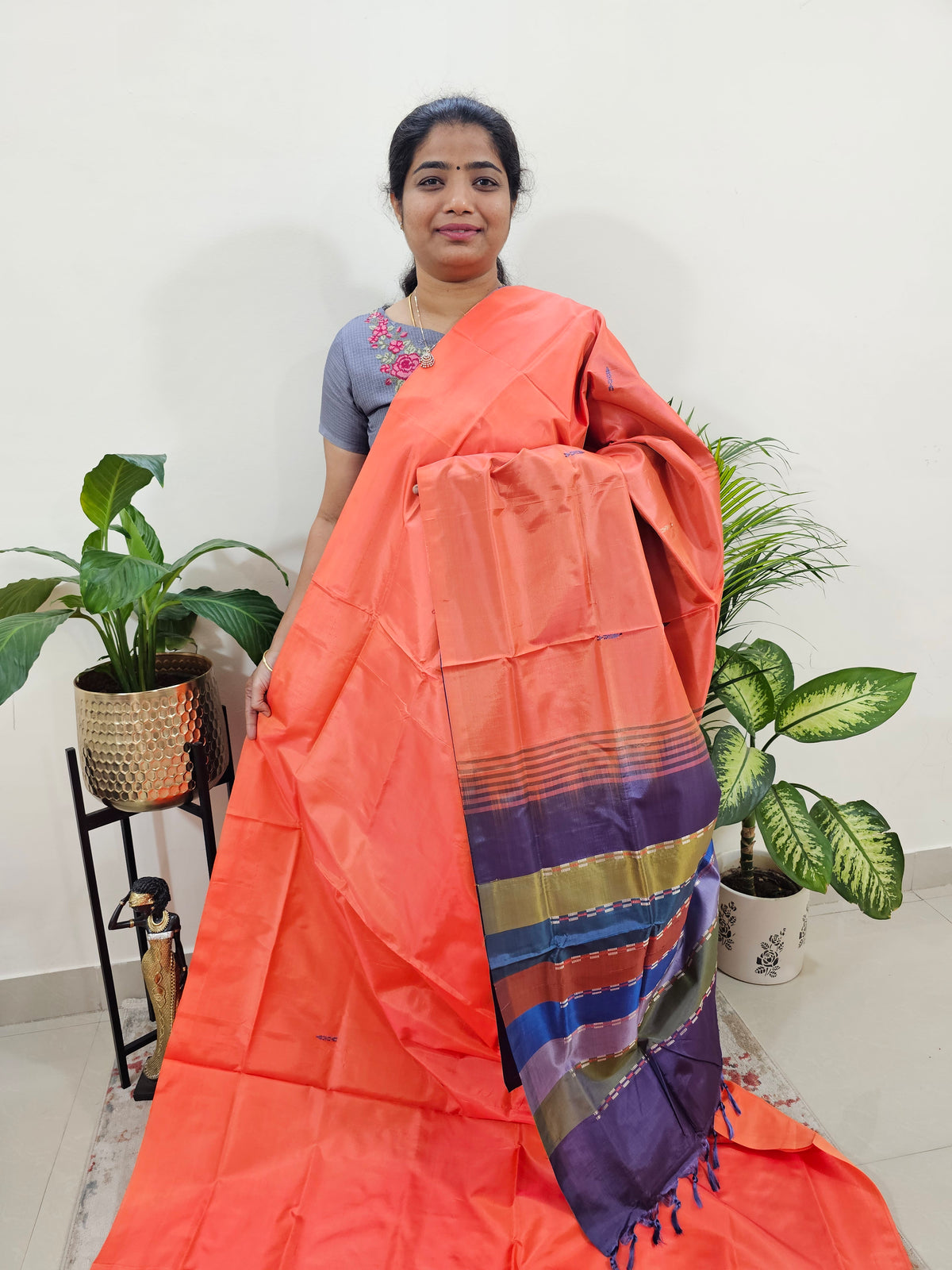 Orange with Multi Stripe Chinnalampattu Saree with Blouse