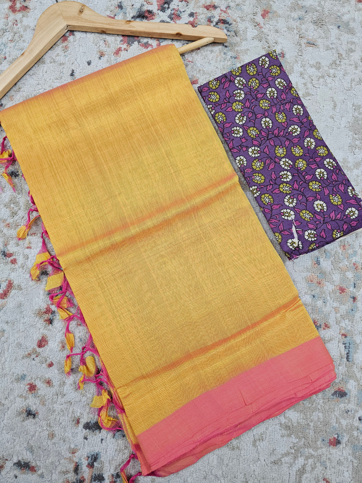 Handwoven Mangalagiri Plain Pattu Saree - Mango Yellow with Pink