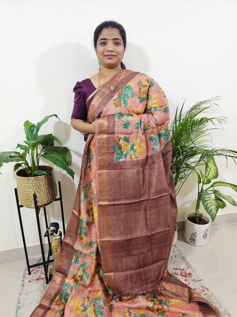 Peach with Brown Tussar Silk Saree with Kanchi Border