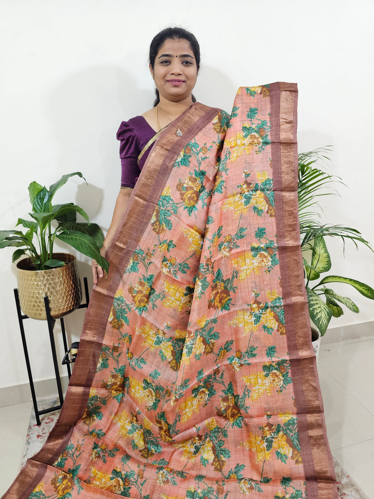 Peach with Brown Tussar Silk Saree with Kanchi Border