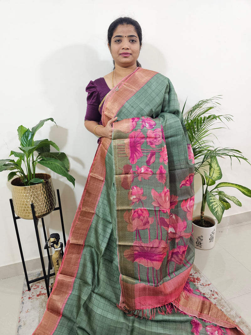 Green with Peachish Pink Checks Tussar Silk Saree with Kanchi Border