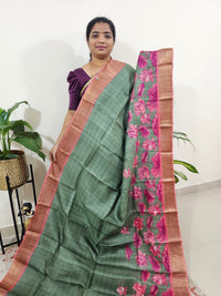 Green with Peachish Pink Checks Tussar Silk Saree with Kanchi Border