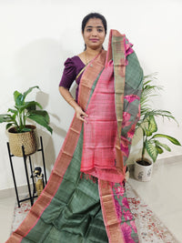 Green with Peachish Pink Checks Tussar Silk Saree with Kanchi Border