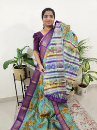 Sea Green with Violet Checks Tussar Silk Saree with Kanchi Border