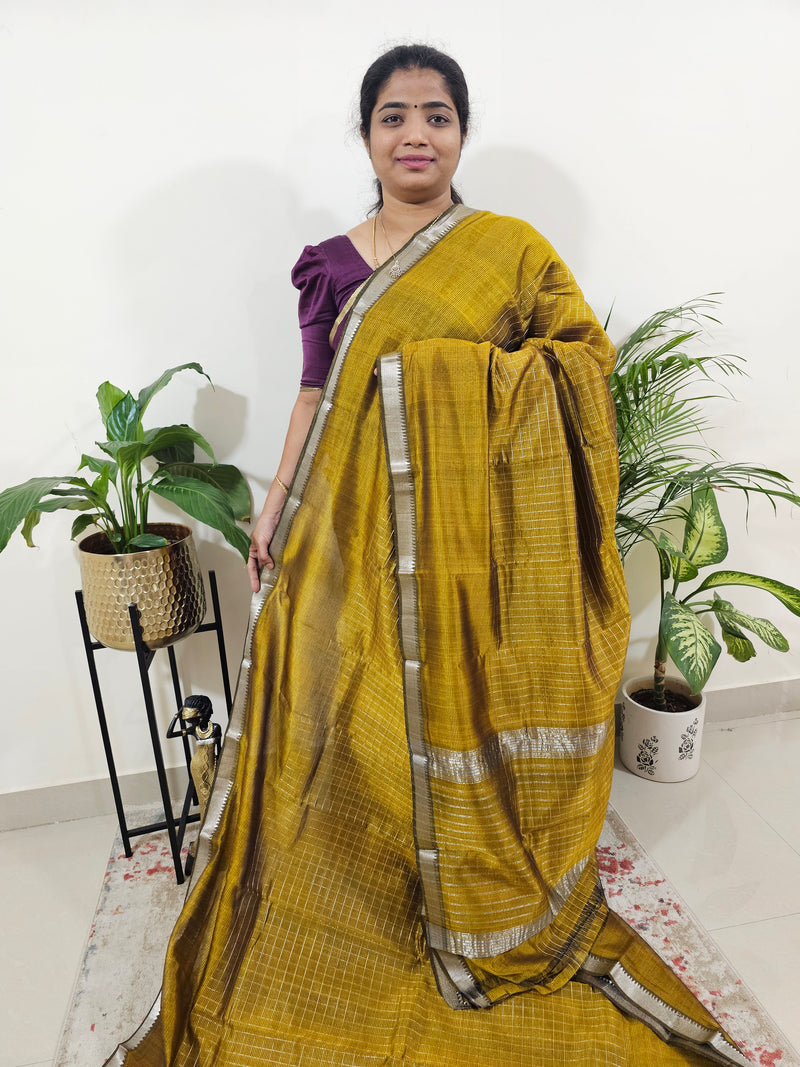 Handwoven Mangalagiri Pattu Saree with Beautiful  Small Checks - Mustard Yellow