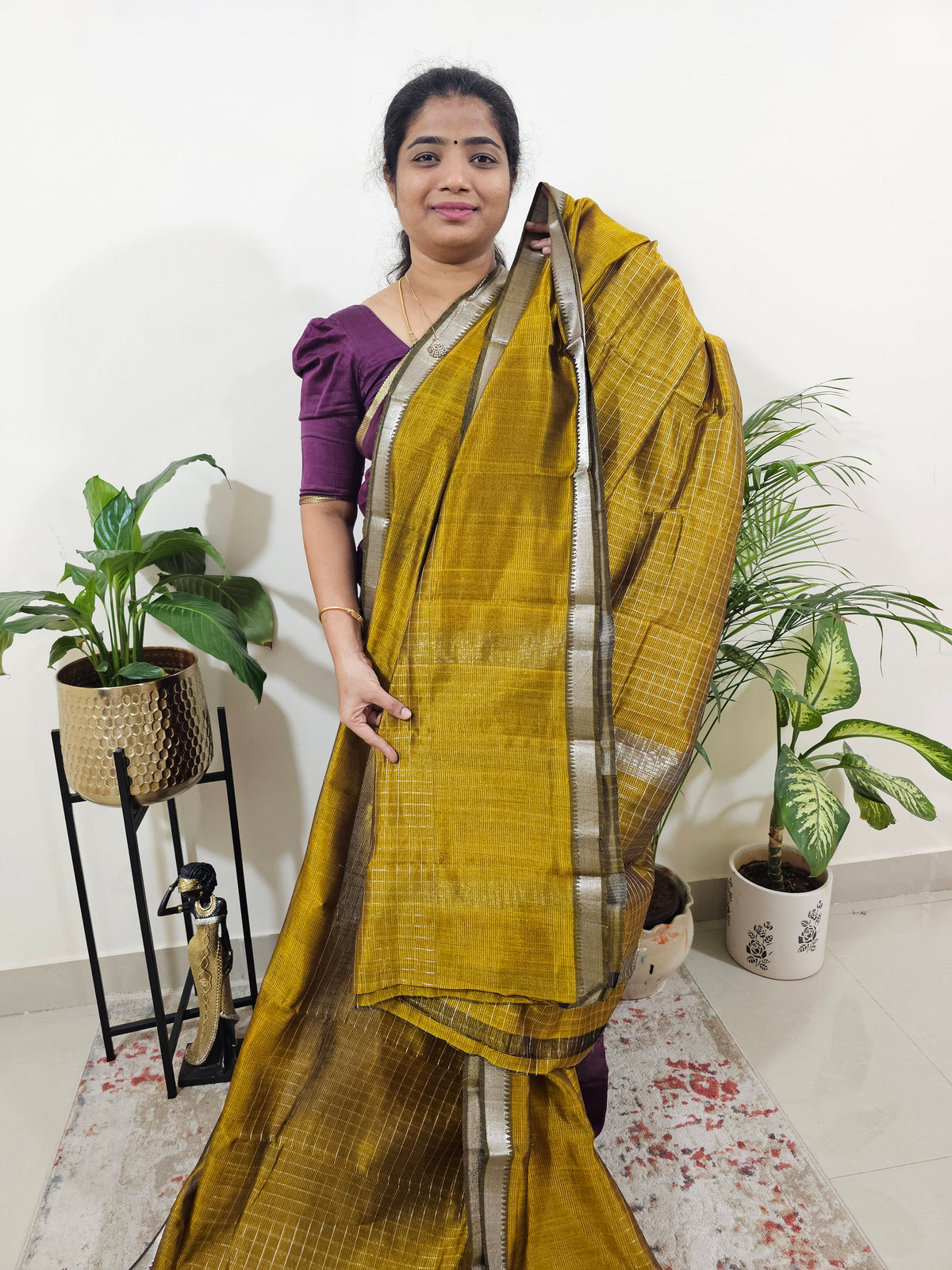 Handwoven Mangalagiri Pattu Saree with Beautiful  Small Checks - Mustard Yellow