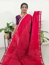 Handwoven Mangalagiri Pattu Saree with Beautiful  Small Checks - Red