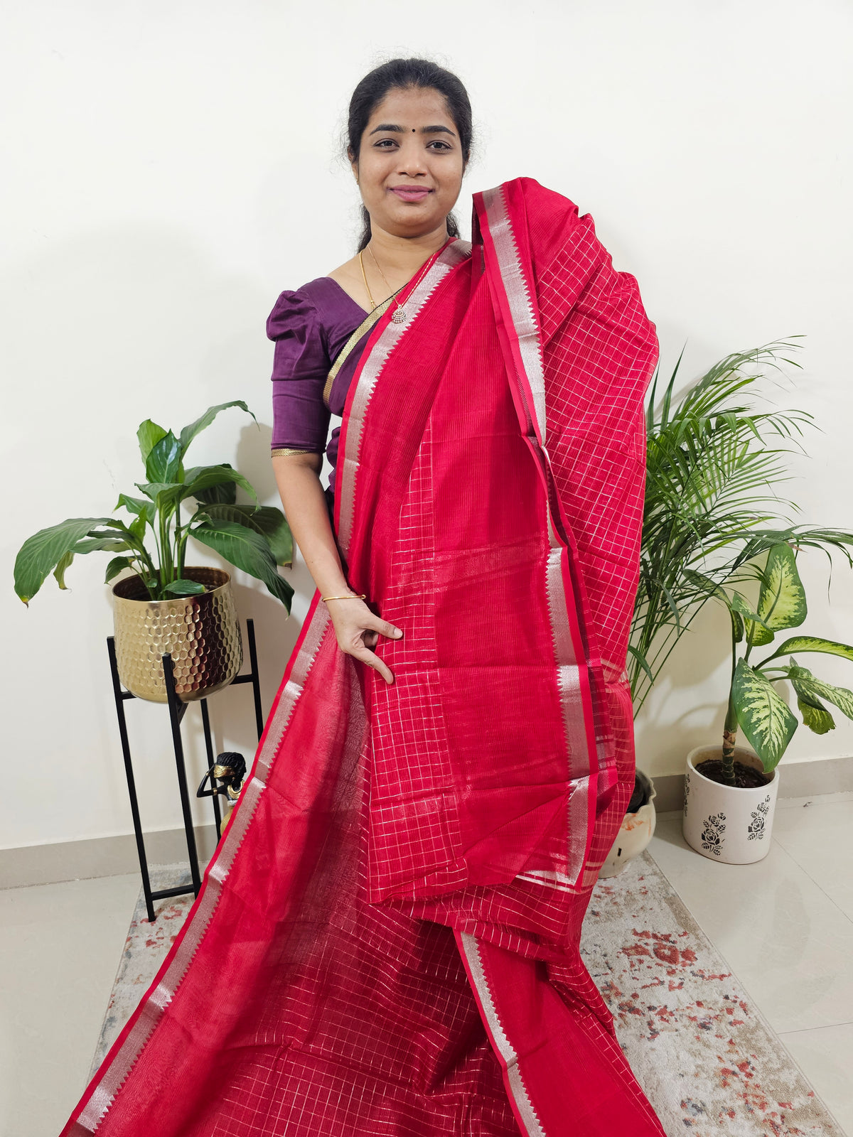 Handwoven Mangalagiri Pattu Saree with Beautiful  Small Checks - Red