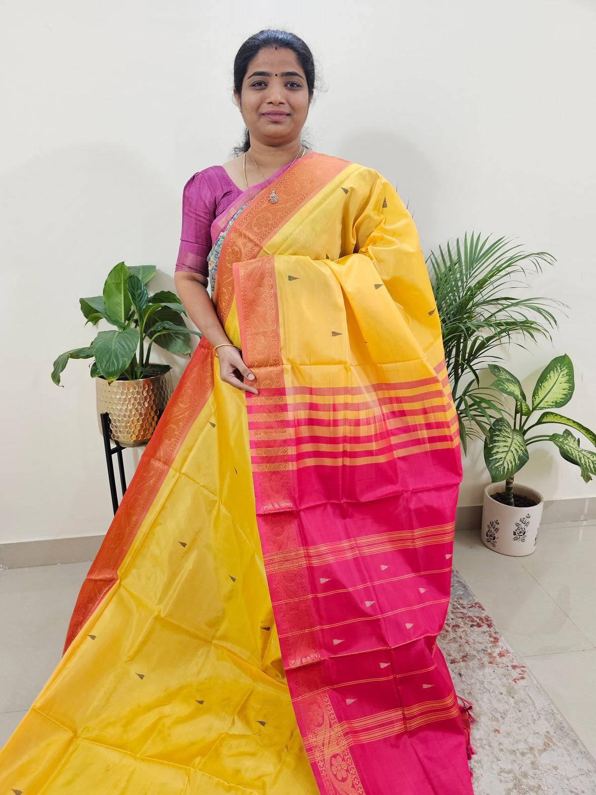 Yellow with Pink Chinnalampattu Border Saree