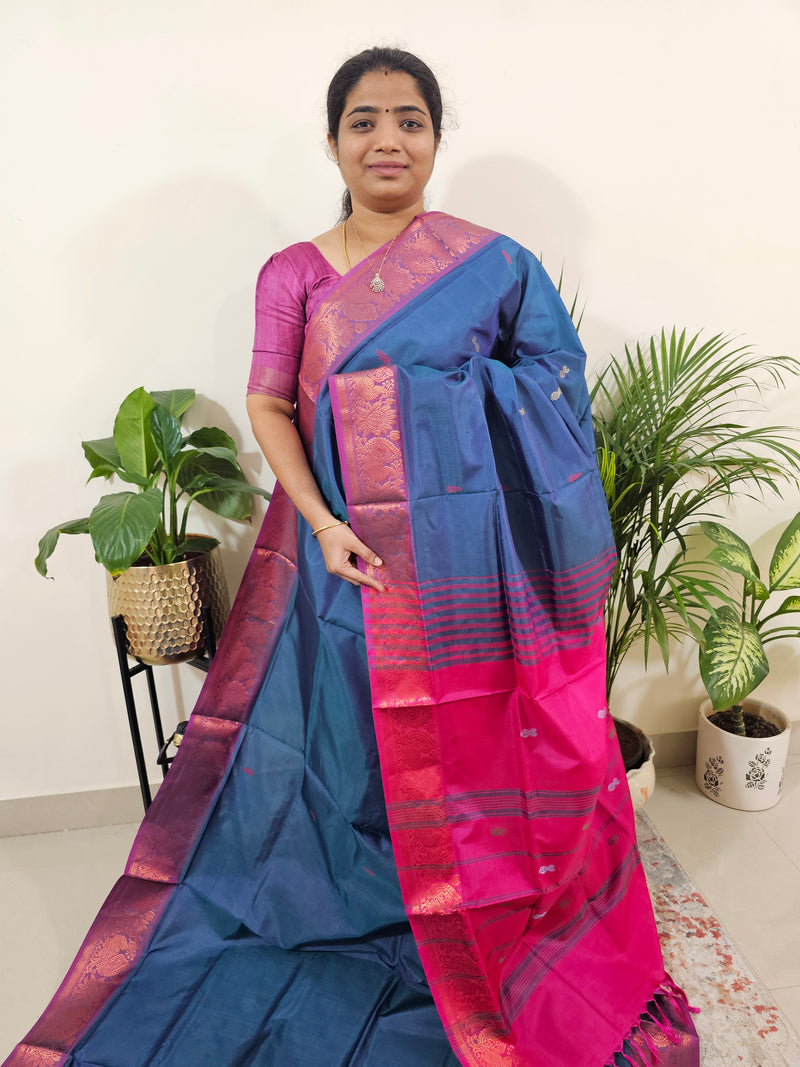 Peacock Blue with Pink Pallu Chinnalampattu Small Border Saree