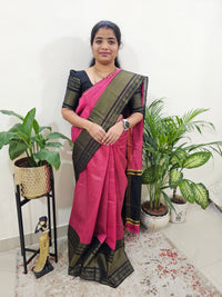 Semi Raw Silk Saree - Pink with Black