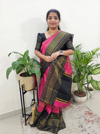 Semi Raw Silk Saree - Pink with Black