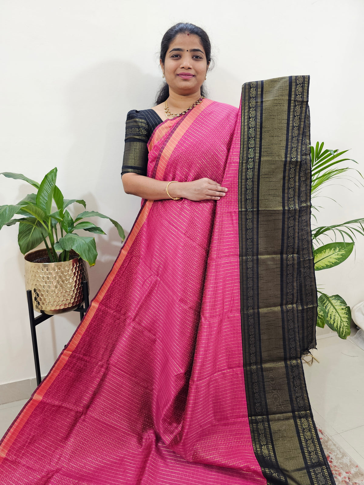 Semi Raw Silk Saree - Pink with Black