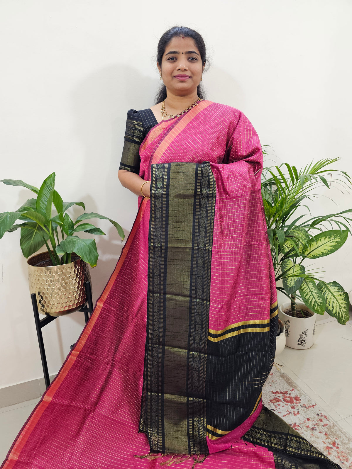 Semi Raw Silk Saree - Pink with Black