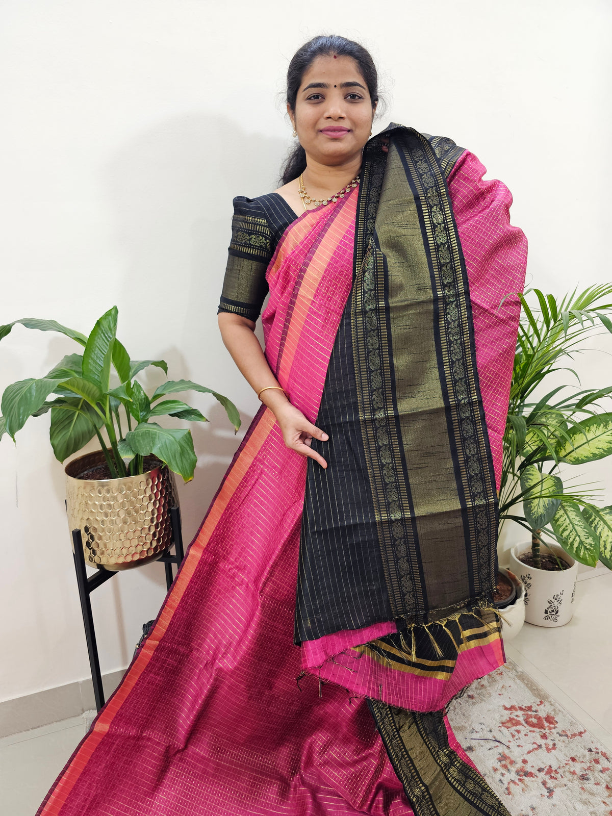 Semi Raw Silk Saree - Pink with Black