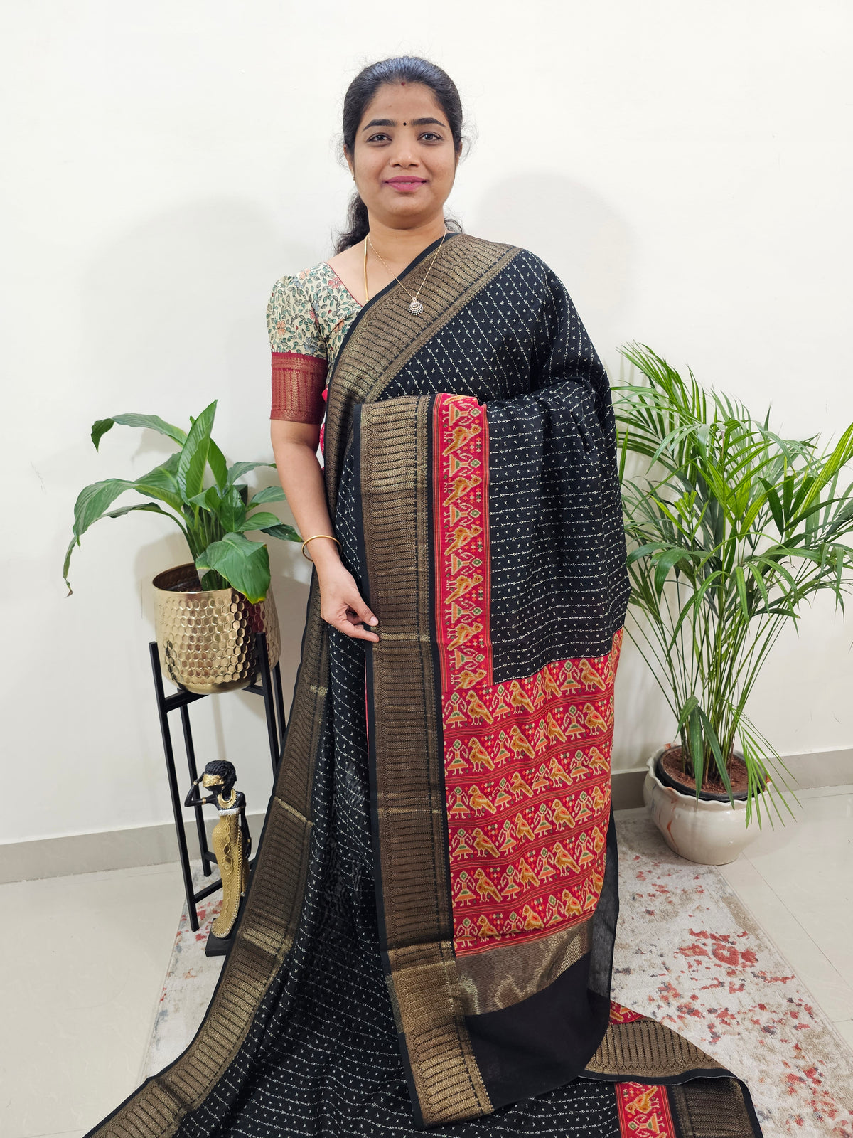 Pure Chanderi Butter Silk - Black with Red