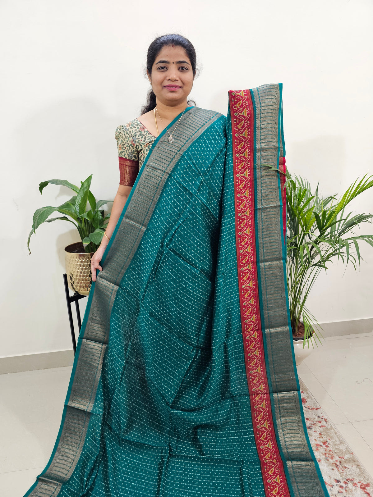 Pure Chanderi Butter Silk - Peacock Green with Red