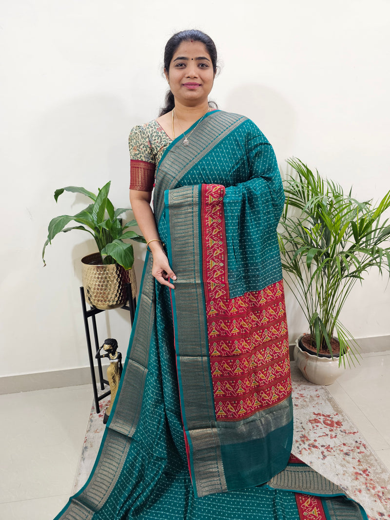 Pure Chanderi Butter Silk - Peacock Green with Red