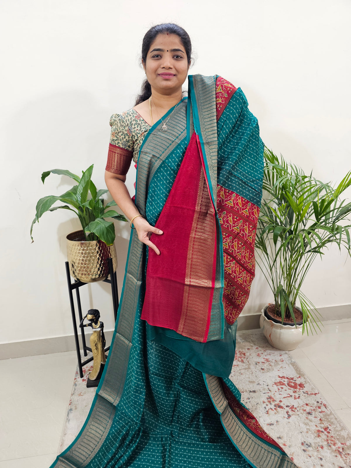 Pure Chanderi Butter Silk - Peacock Green with Red