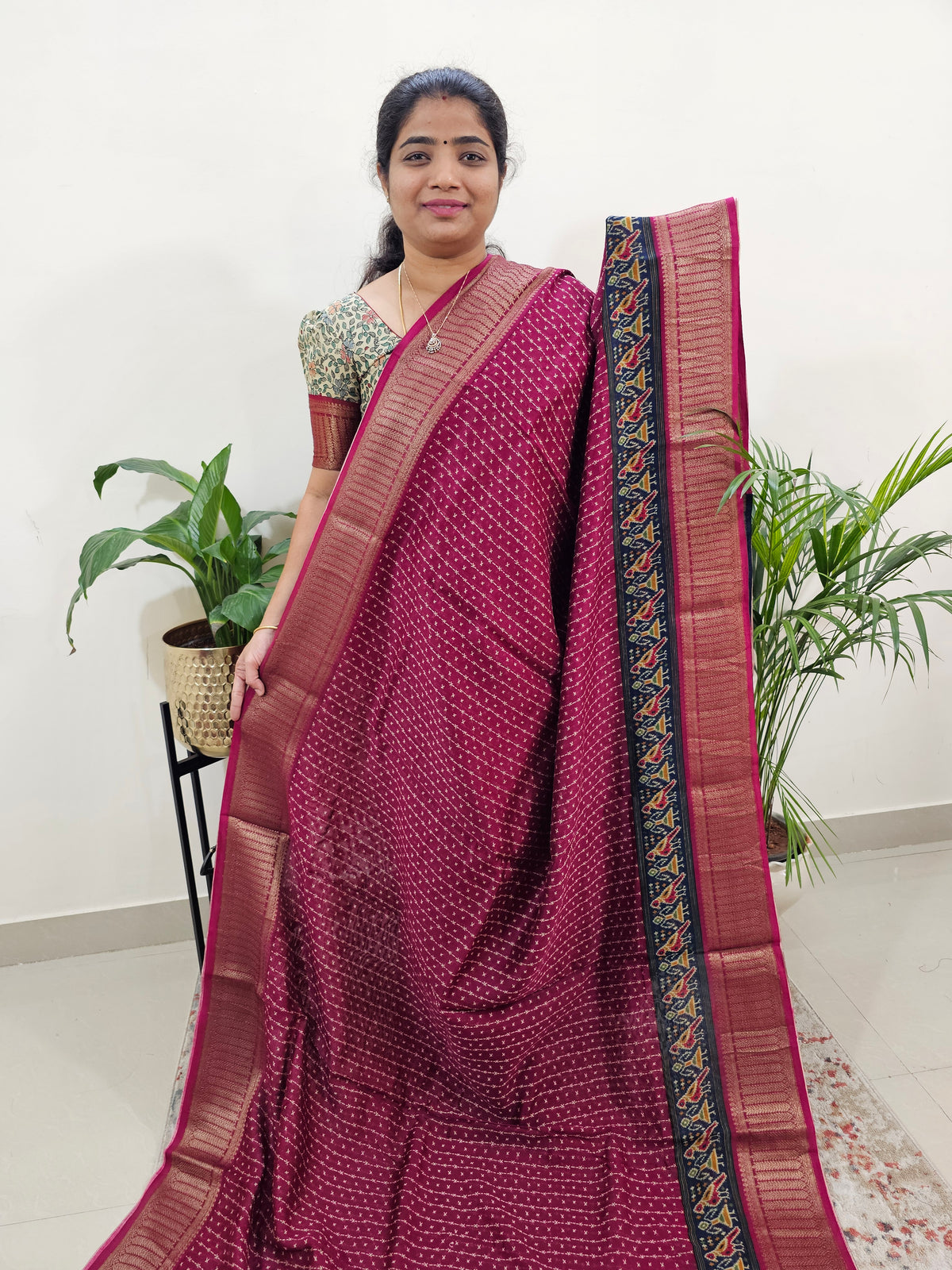 Pure Chanderi Butter Silk - Magenta Pink with Blue