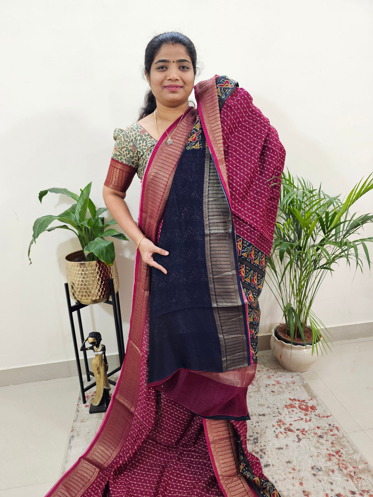 Pure Chanderi Butter Silk - Magenta Pink with Blue