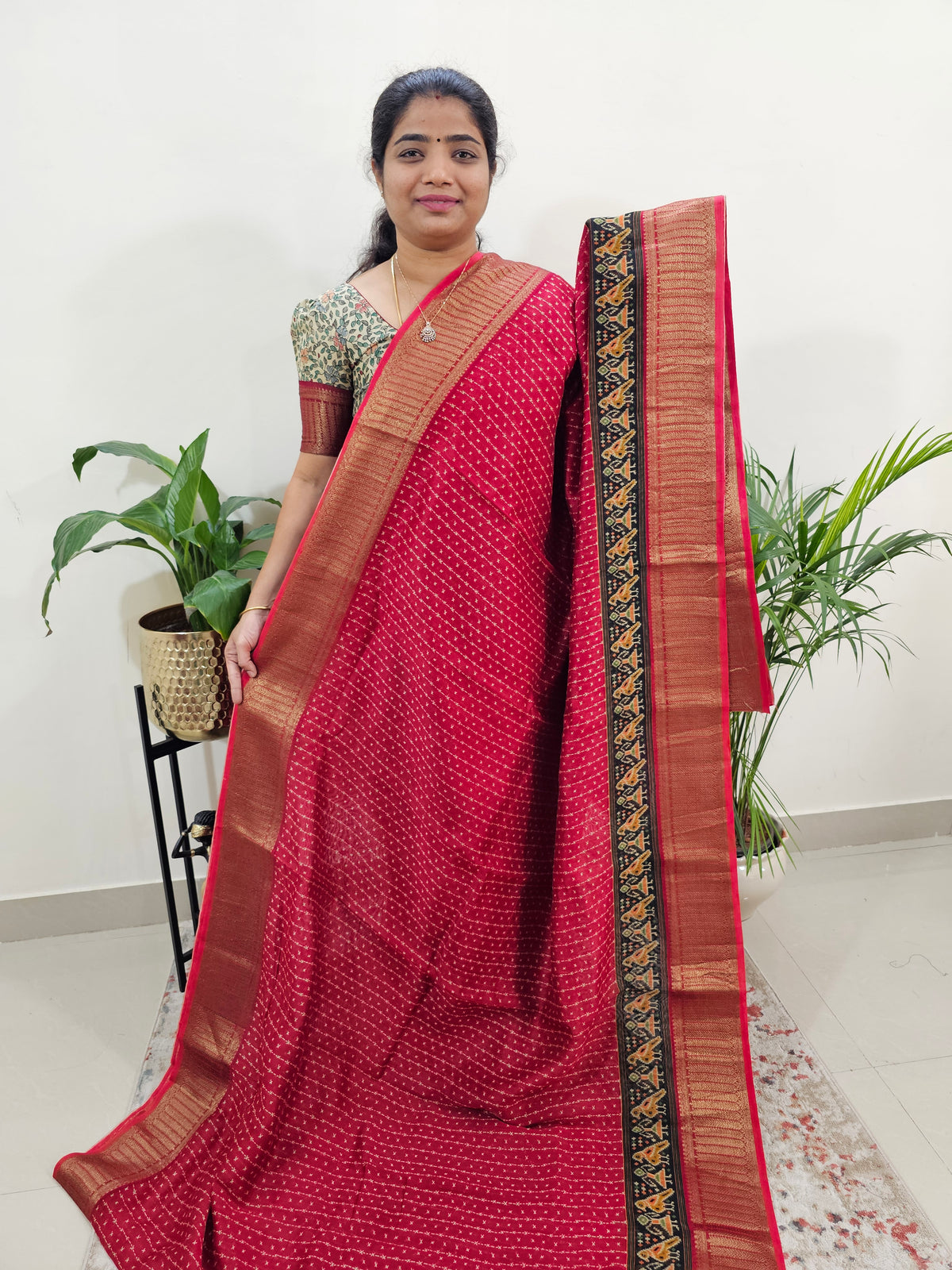 Pure Chanderi Butter Silk - Red with Black