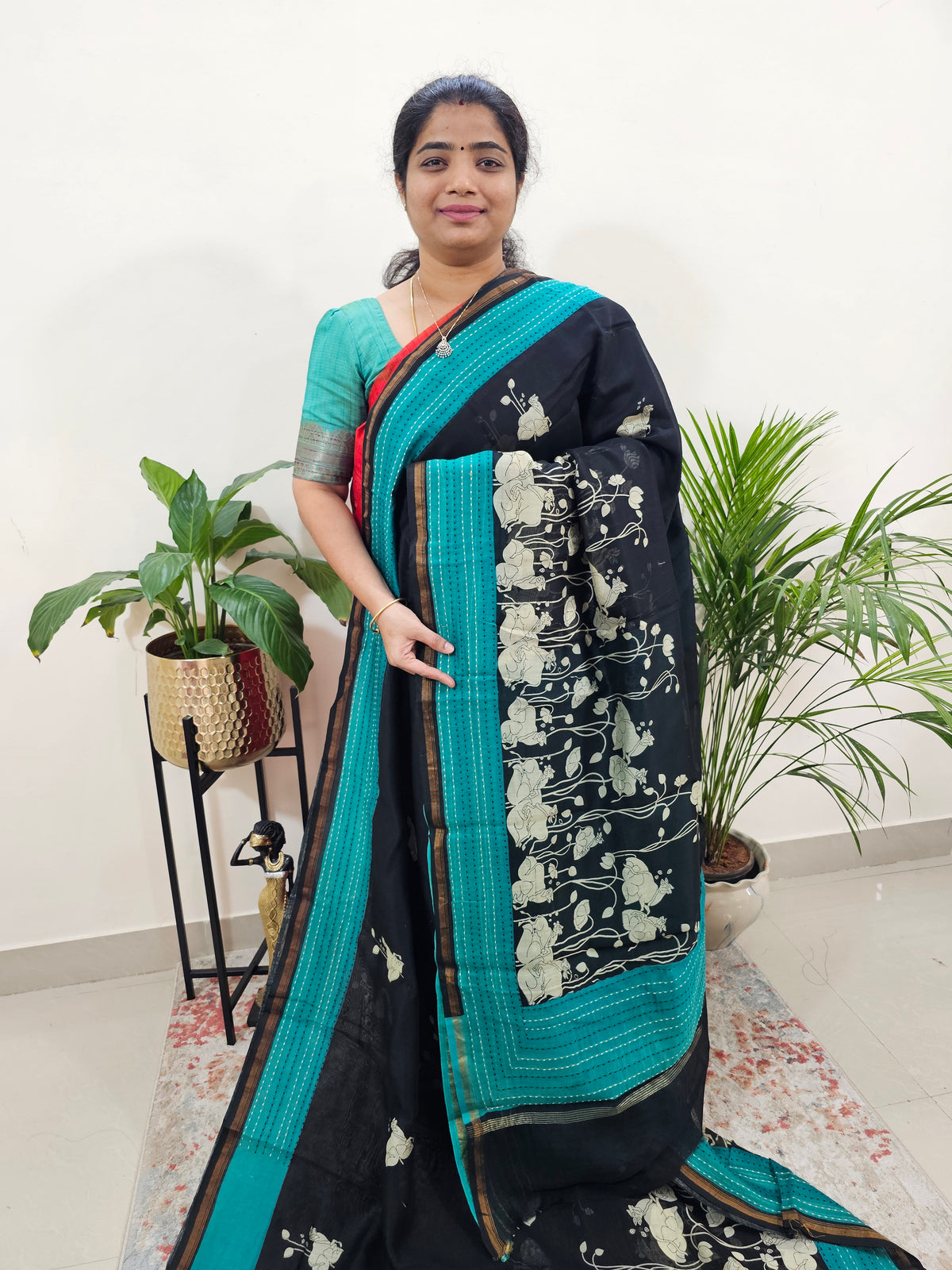 Pure Chanderi Butter Silk - Black with Sea Green