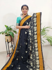 Pure Chanderi Butter Silk - Black with Mustard Yellow