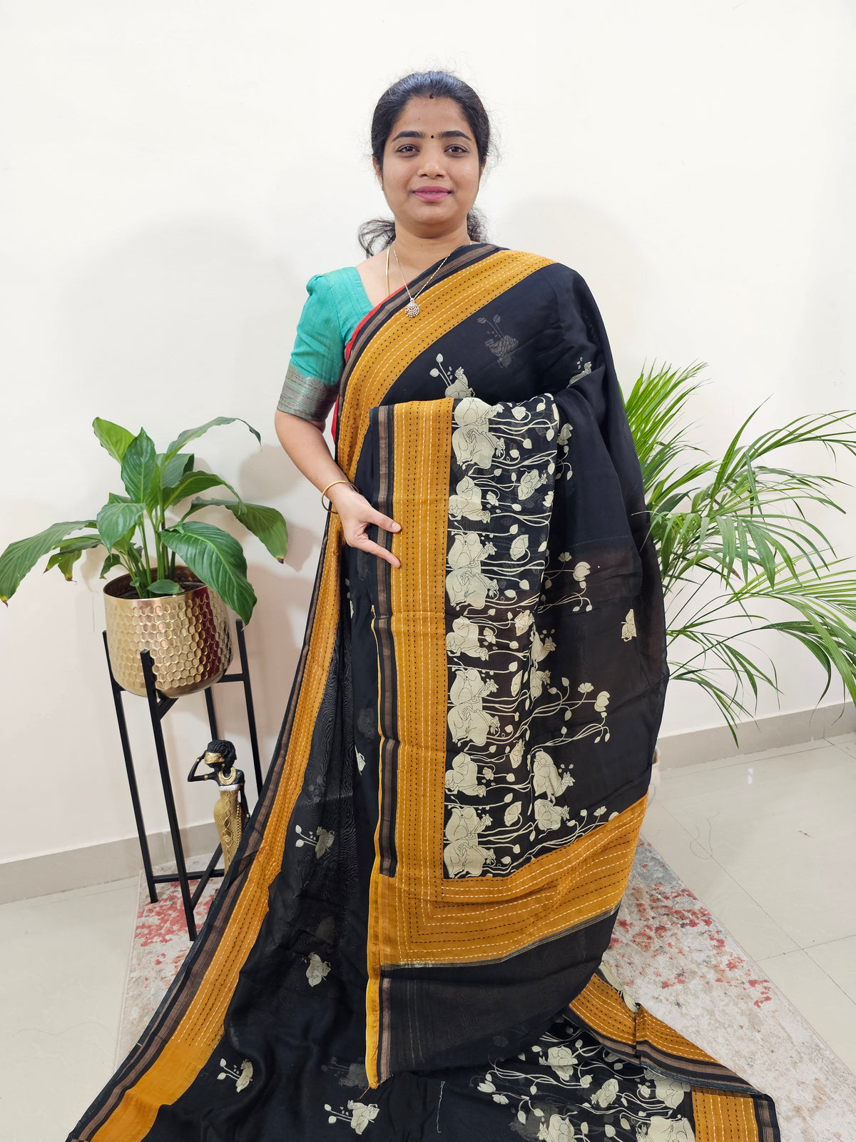 Pure Chanderi Butter Silk - Black with Mustard Yellow